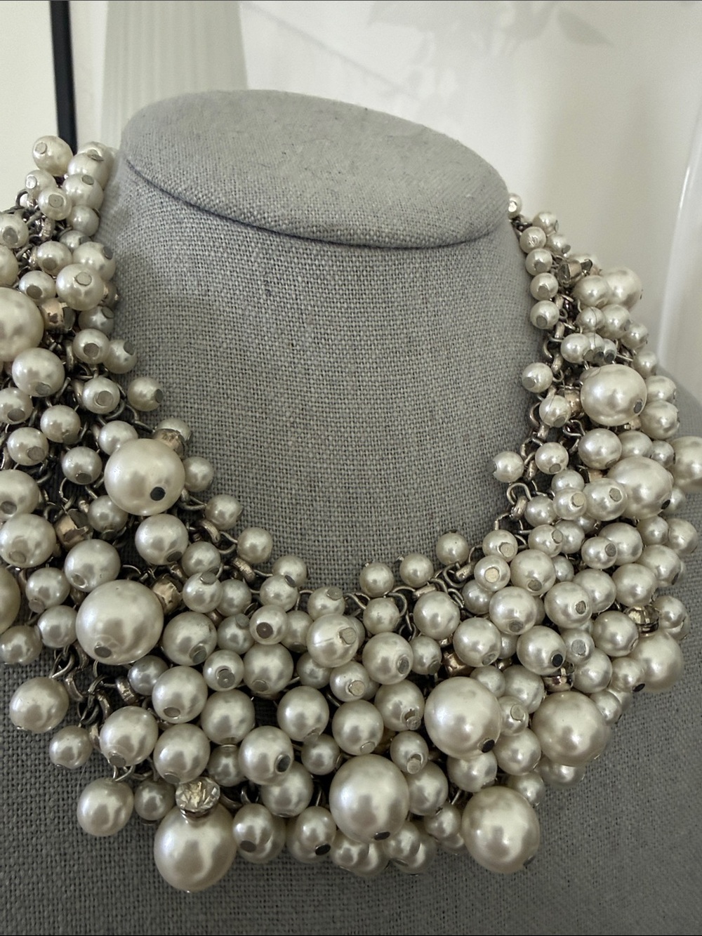 Statement Multi-Strand Pearl Cluster Necklace - Silver Tone - Picture 6 of 10